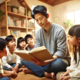 45歳の日本人の男性が、居心地の良いリビングルームで子供たちに本を読み聞かせている様子。男性はヒゲを生やしておらず、子供たちは彼の周りに集まり、熱心に聞き入っている。部屋は暖かく招待的な雰囲気で、柔らかい照明、本棚、快適な家具が置かれている。家族の心温まる瞬間を切り取った、明るくて育むようなシーン。